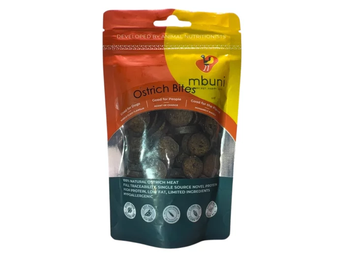 Packaged ostrich bites from Mbuni Pet Treats